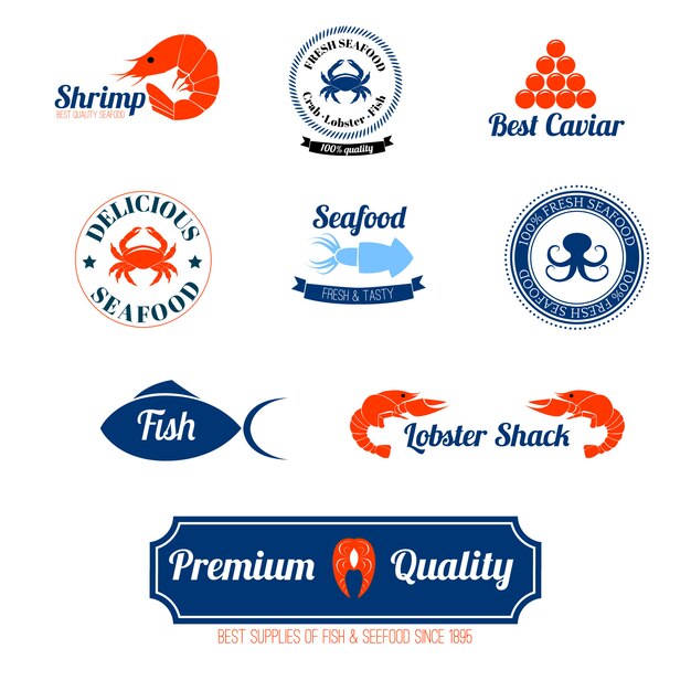 Seafood labels icons set