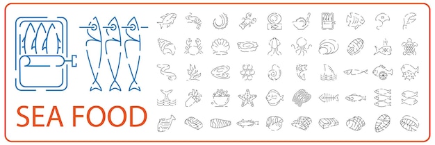 Набор иконок линии морепродуктов Вектор ресторана рыбы и белого мяса
