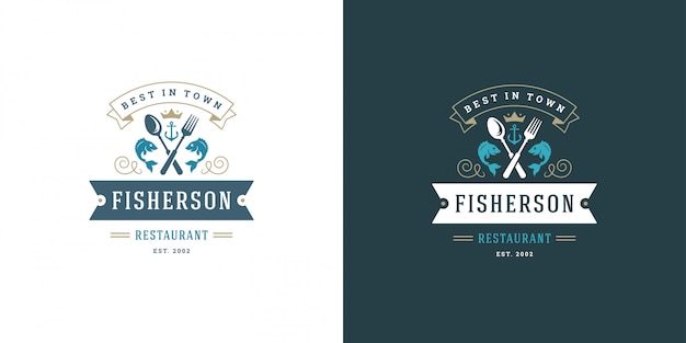 Pesce di progettazione del modello dell'emblema del mercato ittico e del ristorante dell'illustrazione di vettore del logo o del segno dei frutti di mare