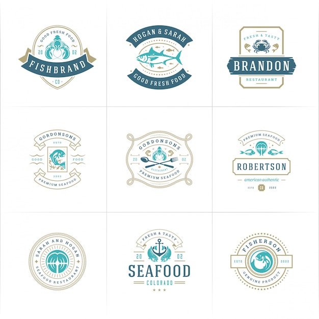 Seafood logos or signs set   fish market and restaurant