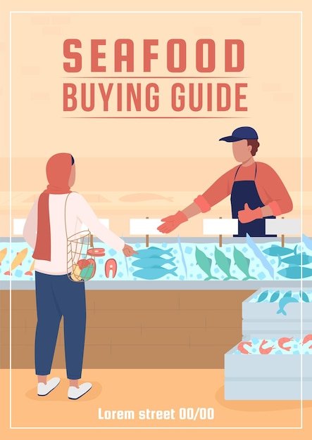 Vettore modello di vettore piatto poster guida all'acquisto del mercato dei frutti di mare. brochure, libretto di una pagina concept design con personaggi dei cartoni animati. negozio che vende pesce fresco sul volantino del supermercato, opuscolo con spazio per le copie