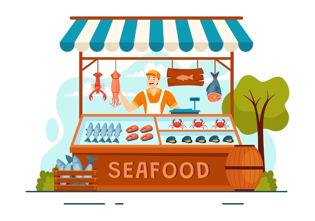 Seafood Market Stall Vector Illustration with Fresh Fish Products such as Octopus or Lobster