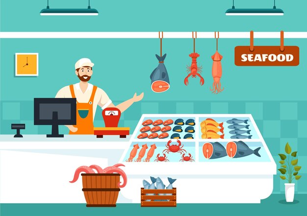 Vettore illustrazione vettoriale di bancarella del mercato dei frutti di mare con prodotti di pesce fresco come polpo o aragosta