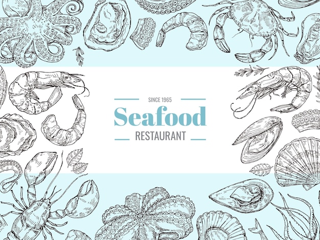 Vector seafood menu flyer sea restaurant banner with hand drawn sketch shrimps shellfish octopus and lobster engraved style vintage card template vector illustration