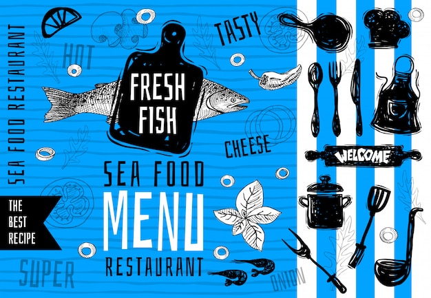 Vector seafood menu logo design, cutting board, soup, pot, fork, knife, vintage sea fish salmon food menu lettering stamp design. the best recipes. hand drawn.