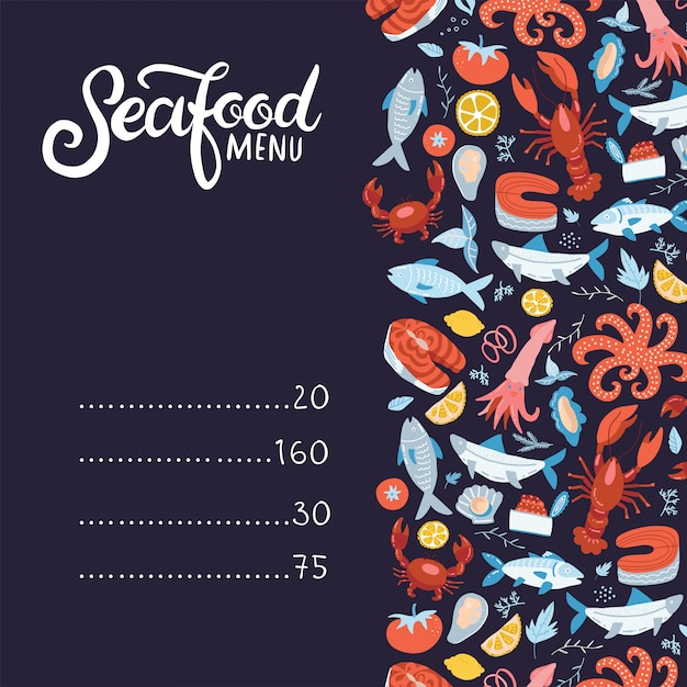 Menù di pesce. set di elementi di frutti di mare colorati: aragoste, aragoste, granchi, gamberetti, limone con polpo, conchiglie, ostriche, salmone, pesce e spezie, crostacei. illustrazione disegnata a mano piatta con scritte.