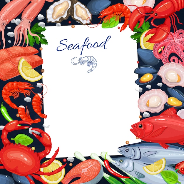 Modello di menu di pesce per cucinare ricette. illustrazione con pesce, granchio, aragosta, capesante, gamberetti e così via e così via.
