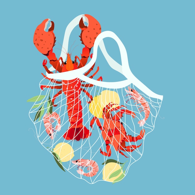 Vector seafood in a mesh bag.