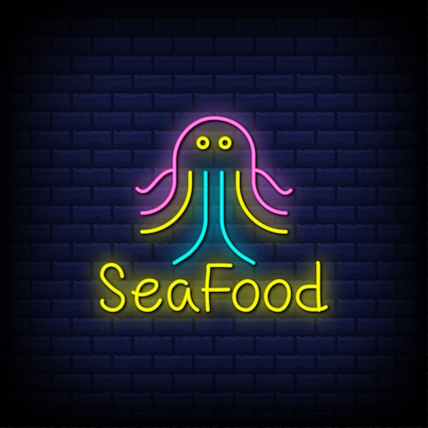 Vector seafood neon sign style text with octopus icon