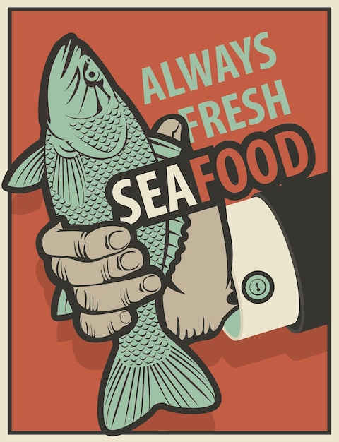 Плакат с морепродуктами с рыбой в руке