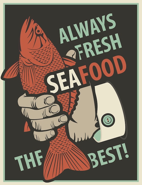 Vector seafood poster with fish in hand