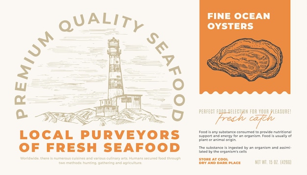 Seafood product vector packaging label design drawn oyster shell with lighthouse background layout