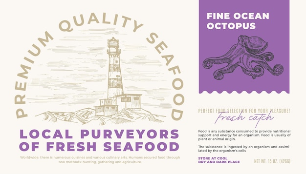 Seafood product vector packaging label design hand drawn octopus sea lighthouse background layout