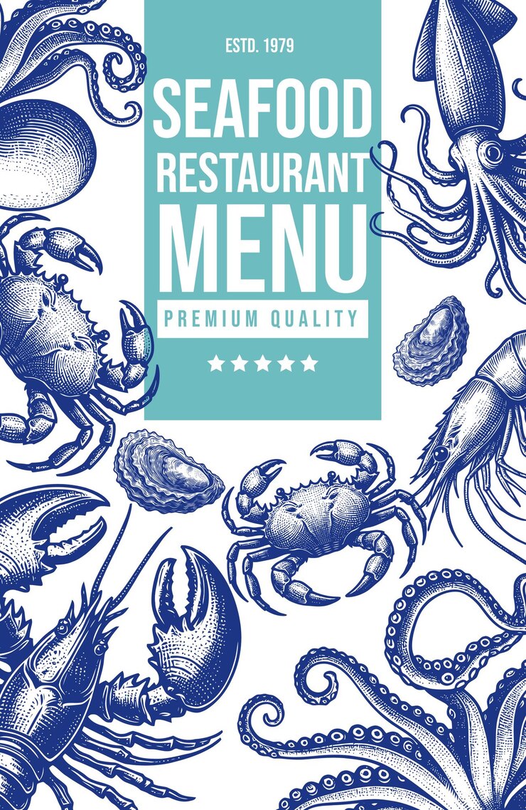 Vector seafood restaurant engraved style food banner