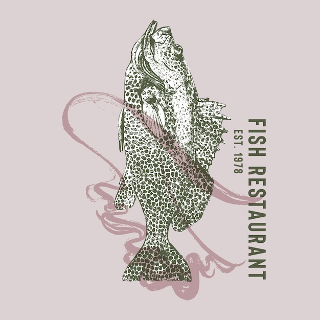 Seafood restaurant logotype with grouper fish dancing flamenco