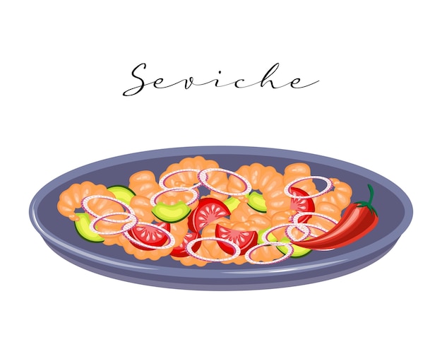 Vector seafood salad ceviche. shrimp, avocado, tomato and onion salad, latin american cuisine.