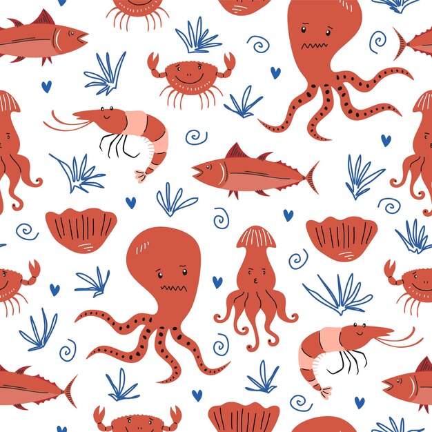 Seafood or sea animals pattern in scandinavian or childish style isolated on white background