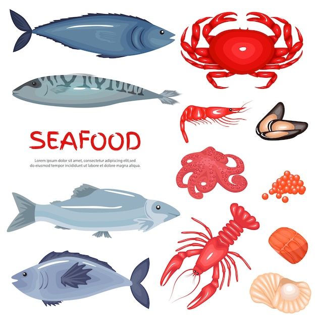 Seafood and seafood delicacies background set