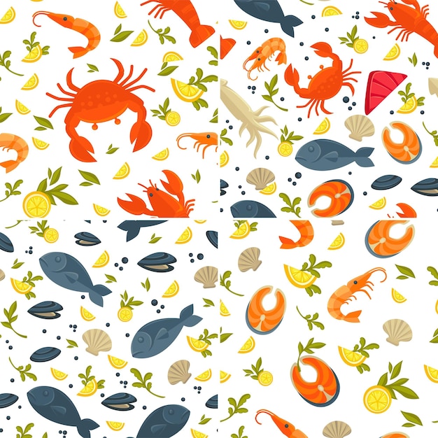 Seafood seamless patterns fish and lobster crab and prawn or shrimp vector squid and salmon oysters and mollusks lemon slices and greenery restaurant or cafe menu dishes and meals endless texture