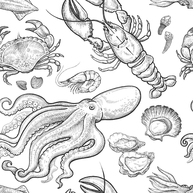 Seafood seamless vintage pattern.