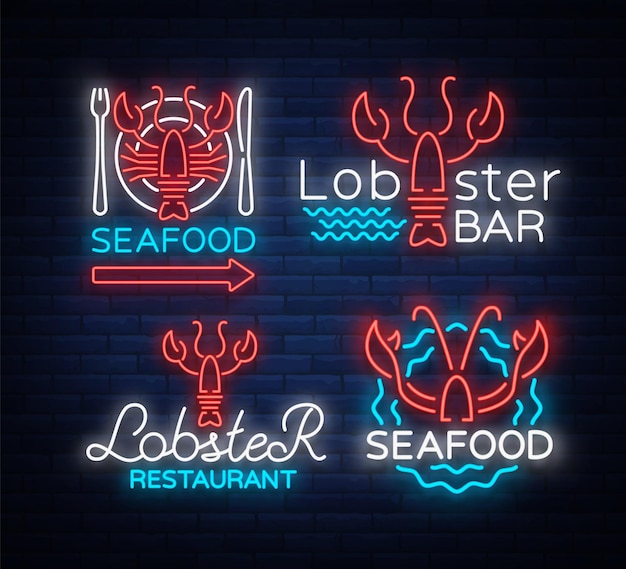 Insieme di frutti di mare di icone del logo al neon illustrazione vettoriale emblema dell'aragosta pubblicità al neon segno notturno