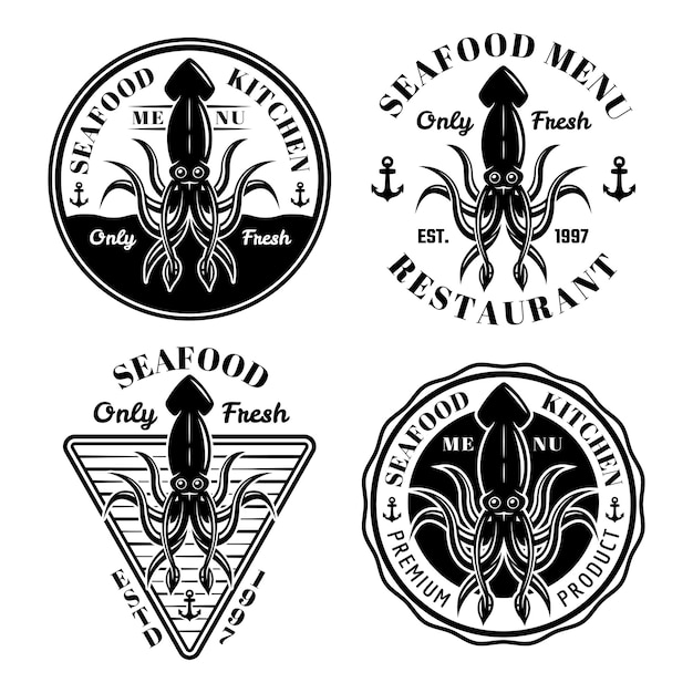 Vector seafood set of vector monochrome restaurant emblems, badges, labels or logos isolated on white background