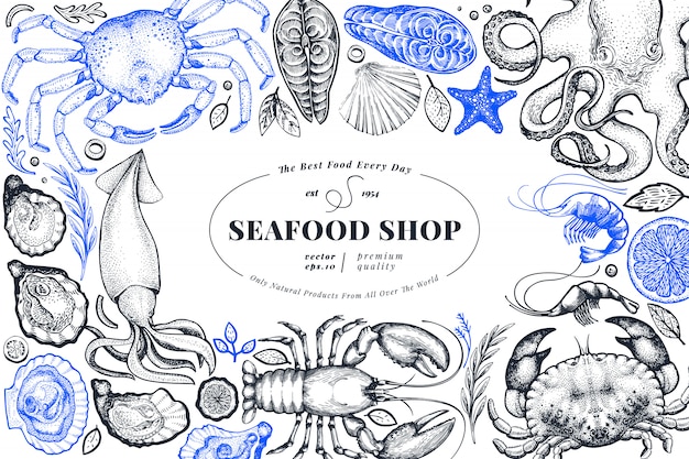 Vector seafood shop hand drawn banner template.