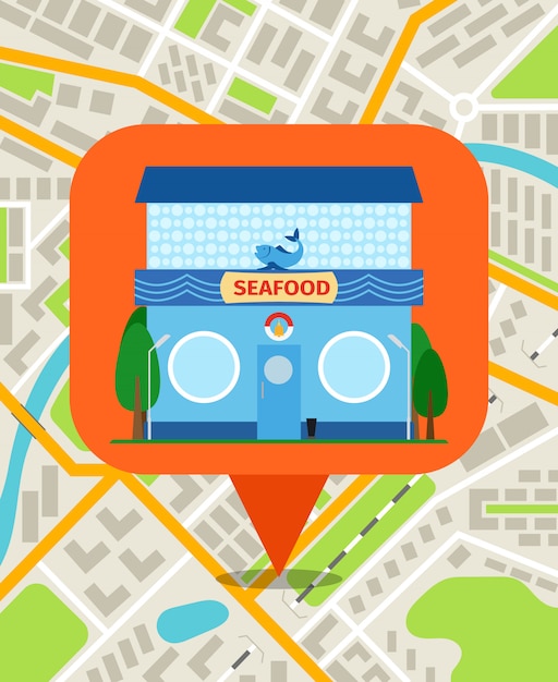 Vector seafood shop pin on the city map. navigation system for smartphone vector illustration