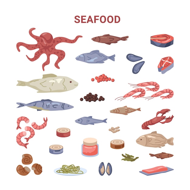 Морепродукты, креветки и омары, рыба и осьминог