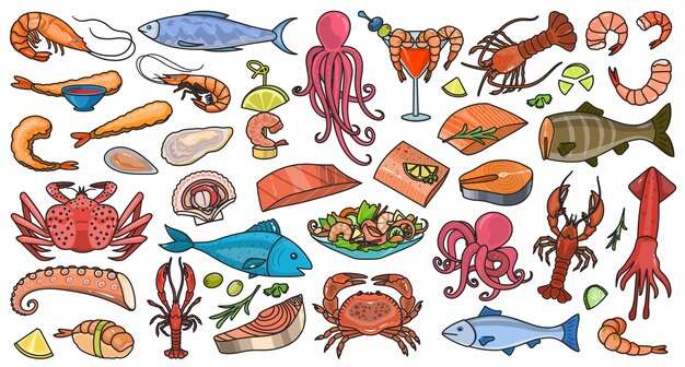 Vector seafood vector kleurenset iconvector illustratie icon visvoer op witte achtergrondisolated kleurenset seafood