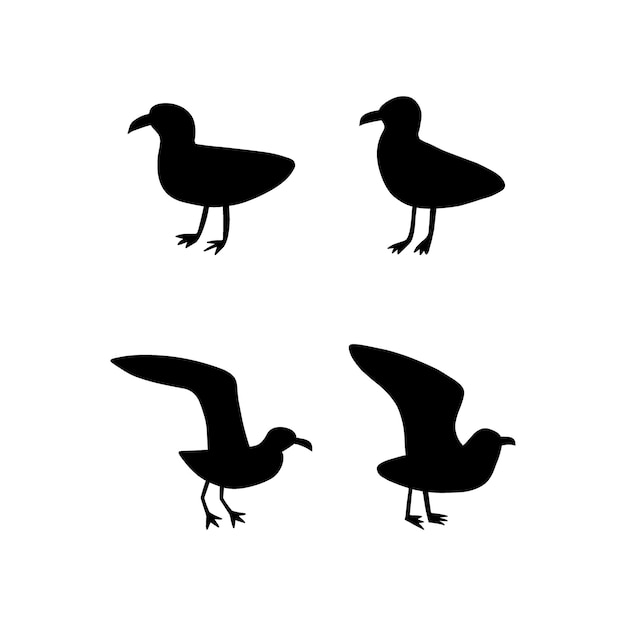 Чайка Черный силуэт Атлантические морские птицы Морские животные Векторная иллюстрация на белом фоне