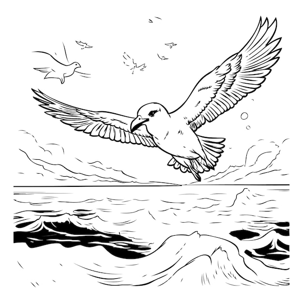 Seagull flying over the sea Black and white vector illustration