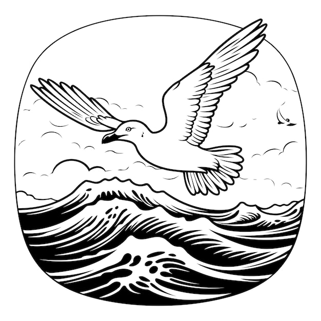 Seagull flying over the sea Vector illustration Black and white