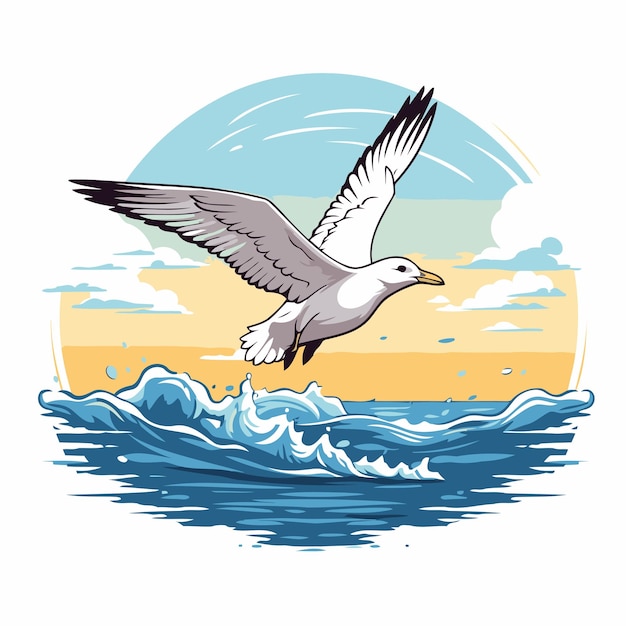 Seagull flying over the sea Vector illustration in cartoon style