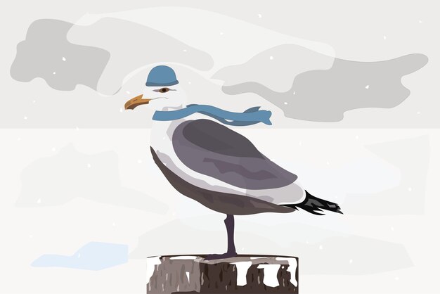 Vector seagull in a hat in the snow in winter