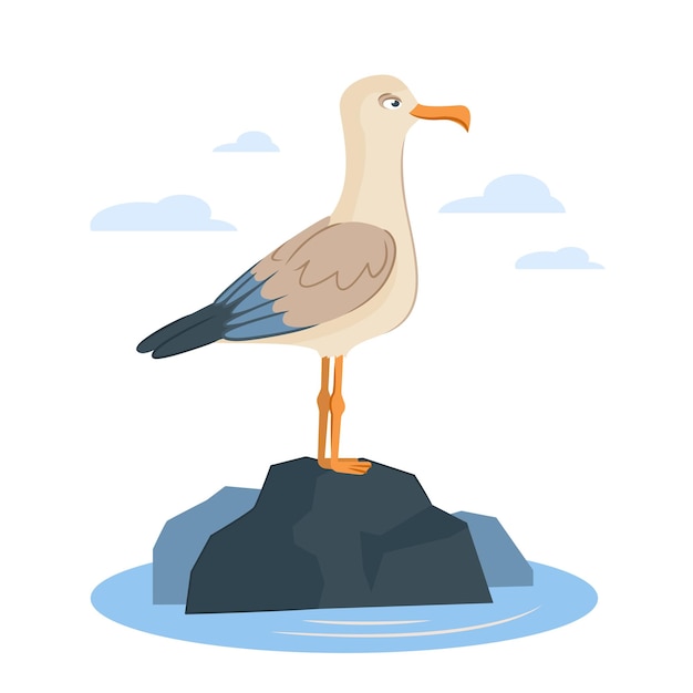 A seagull is sitting on a rock in the sea Vector illustration of a seagull on a white background