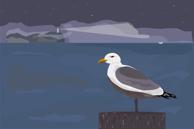 Vector seagull on a pillar at night near the sea