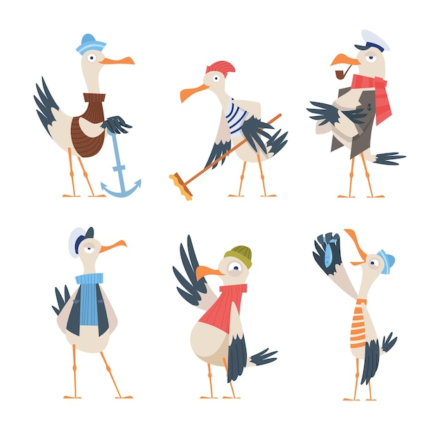 Seagull sailor Cute funny sea or ocean bird in captain clothes exact vector character in action poses isolated