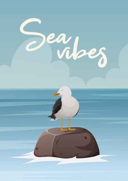 A seagull sits on a stone in the sea Vector illustration seascape with text Marine style