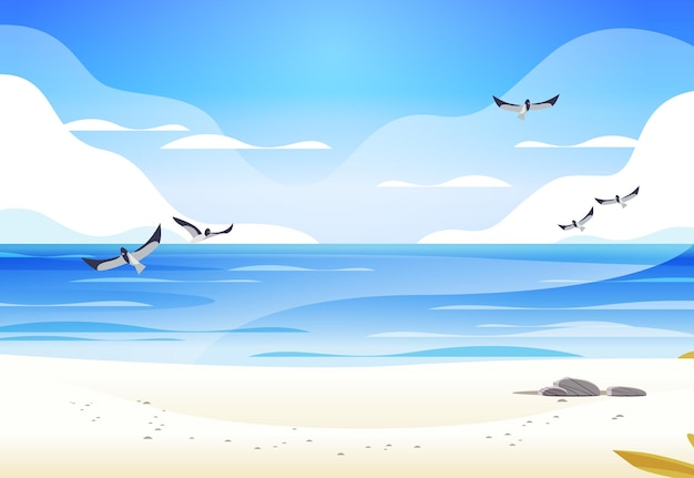 Вектор Чайки, летящие над морским пляжем, вид на море, океан, отдых, путешествия, концепция, горизонтальная