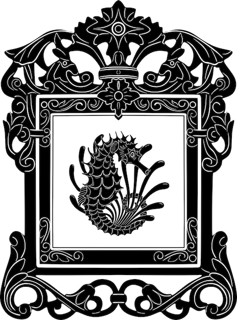 seahorse fish black design with floral frame handmade silhouette model 34