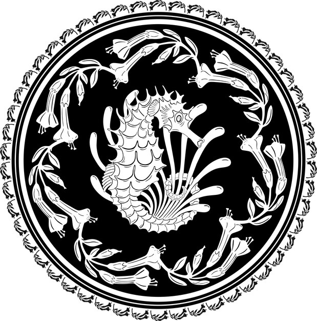 seahorse fish black design with floral frame handmade silhouette model 3