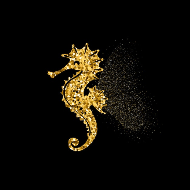 Seahorse golden glitter icon with glitter glow. Beautiful summer golden silhouette on black. For wedding, fashion, ornaments, tattoo, luxury decorative design elements. Vector illustration.