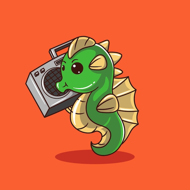 Vector seahorse listening to music