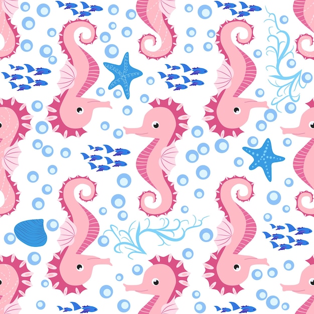 Seahorse and starfish seamless pattern Sea life summer background Cute sea life Design for fabric and decor