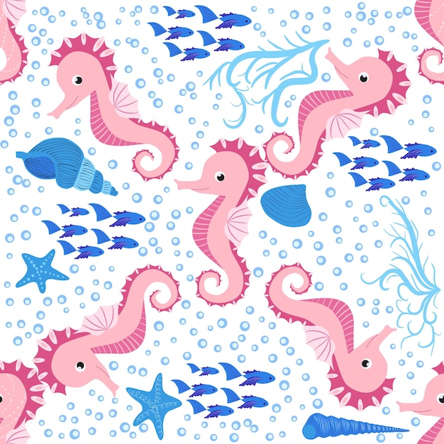 Seahorse and starfish seamless pattern Sea life summer background Cute sea life Design for fabric and decor