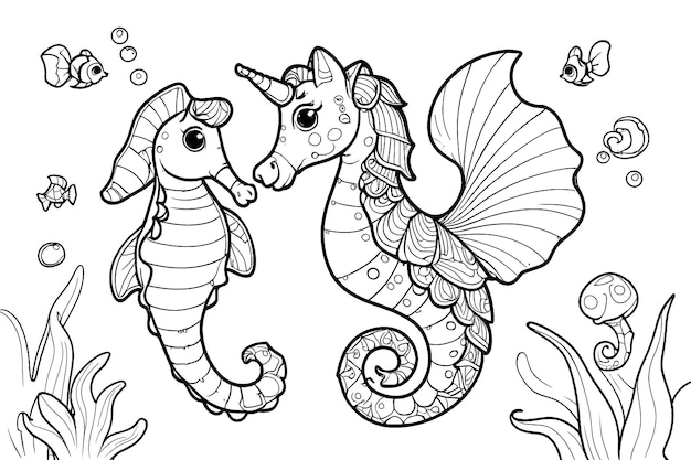 Vector seahorse underwater world black and white illustration for coloring book