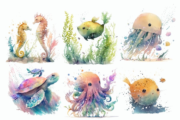 Vector seahorse vis kwal octopus schildpad egel vis in aquarel stijl geïsoleerde vectorillustratie