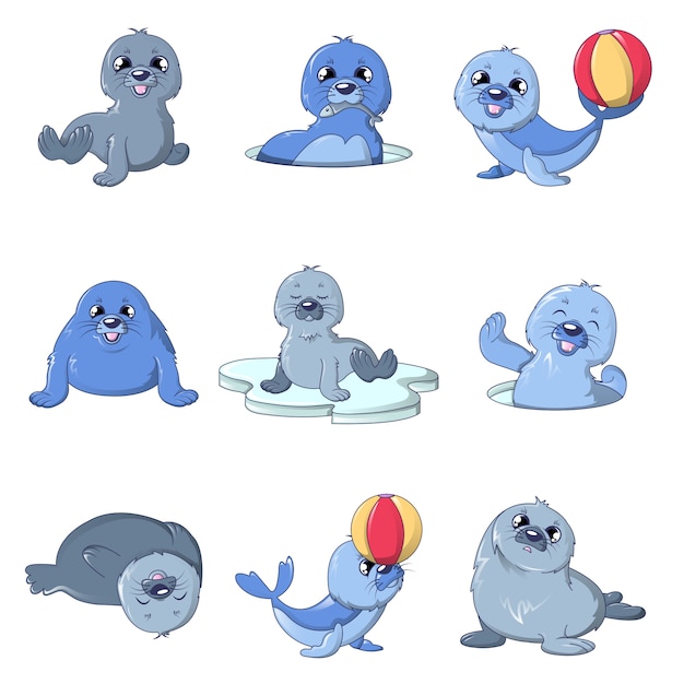 Vector seal pups cute character icons set