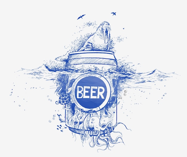 Seal with underwater beer retro ad art banner poster hand drawn sketch vector illustration